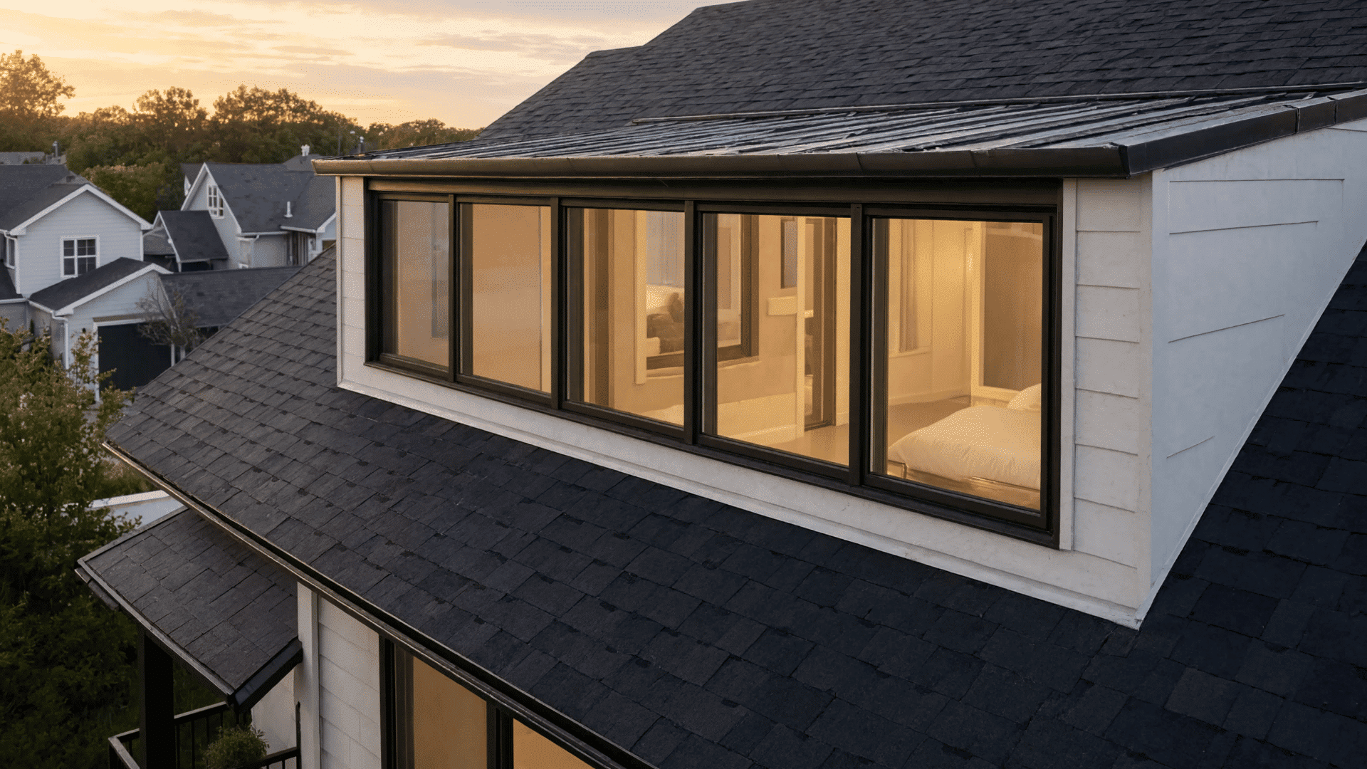 Wide shed dormer adding extra attic space with large vertical windows